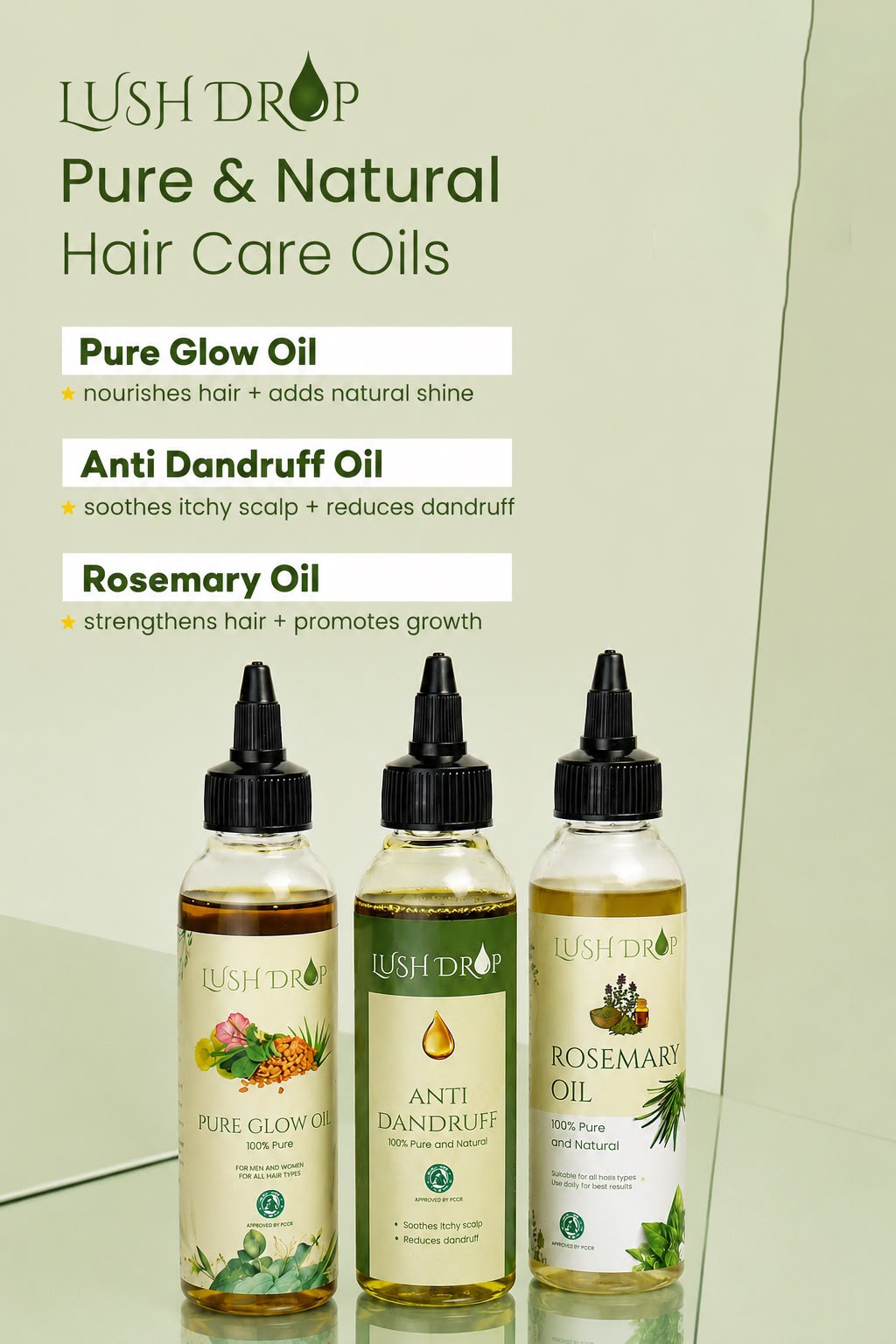 Pack Of 3 Hair Oils 1 Rosemary Oil, 1 Pure Glow Oil, 1 Anti Dandruff Oil